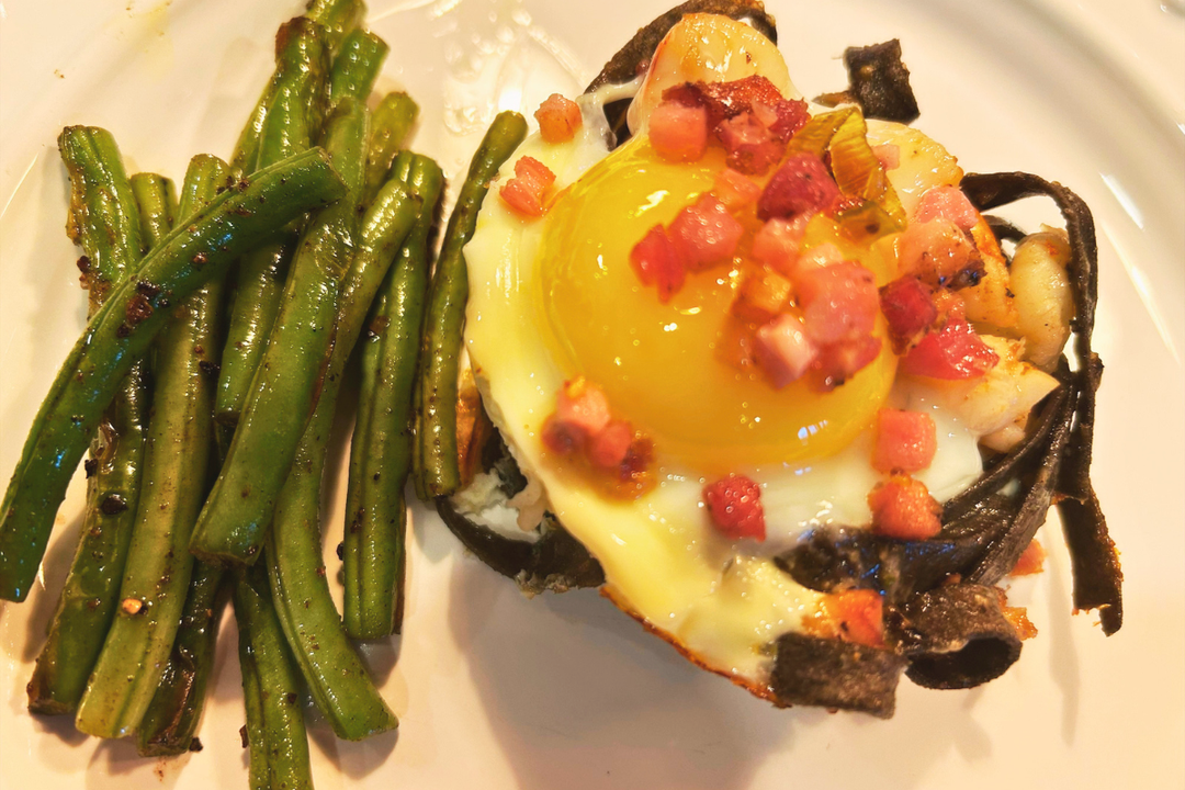 Deconstructed Shrimp & Squid Ink Pasta Carbonara