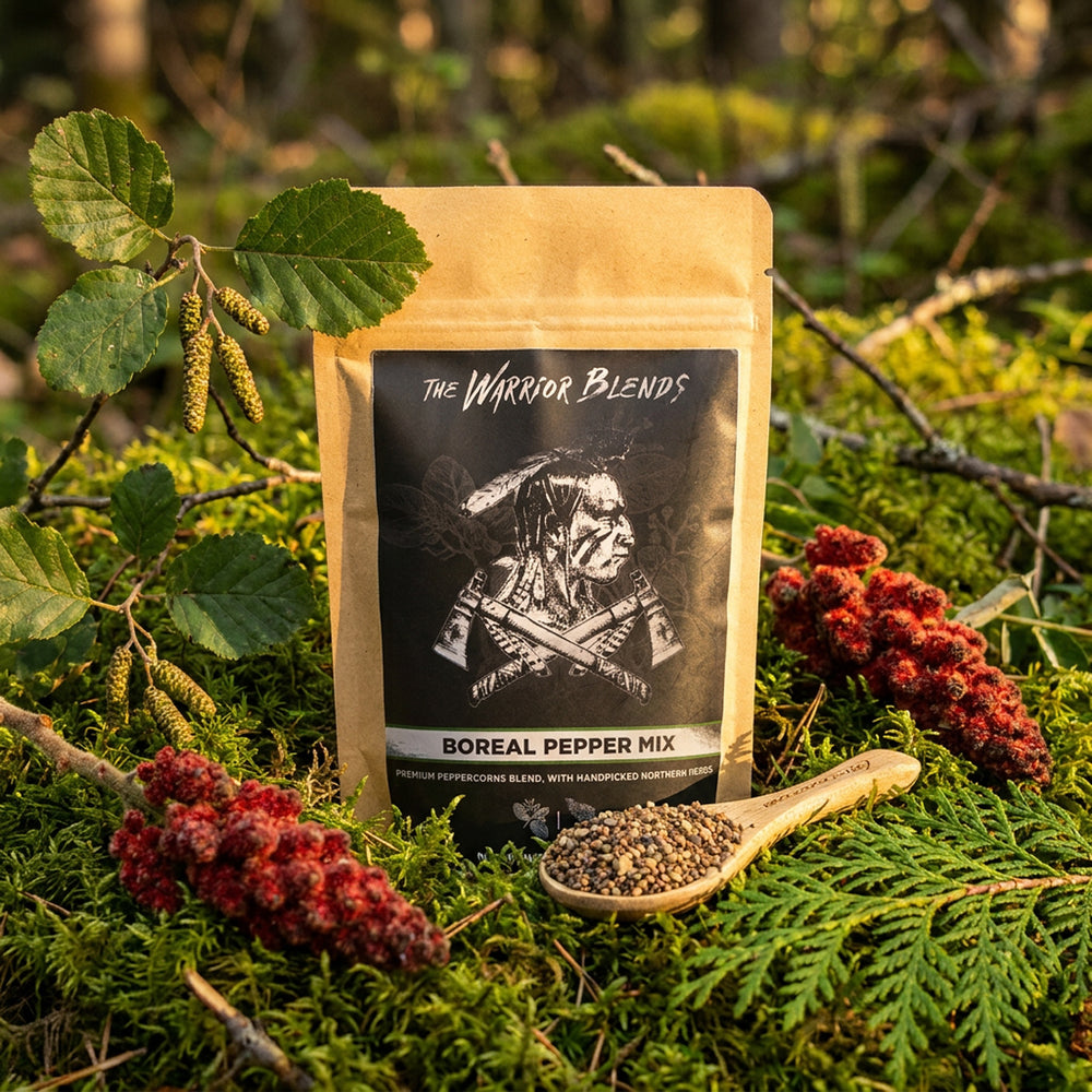 Boreal Pepper Mix pouch staged in boreal forest moss with staghorn sumac, alnus crispa, and thuja foliage