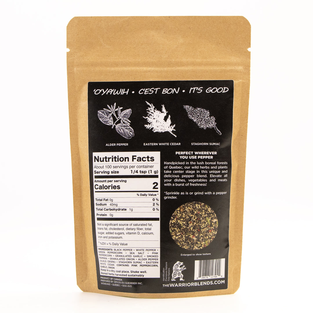 Back view of Boreal Pepper Mix pouch showing nutrition facts and ingredient details