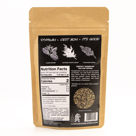 Back view of Boreal Pepper Mix pouch showing nutrition facts and ingredient details