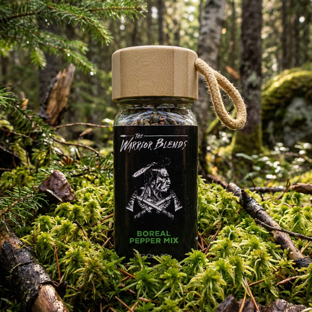 Boreal Pepper Mix jar in mossy boreal forest with warm golden light and northern woodland atmosphere