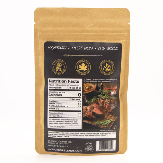 Back view of Café Dry Rub Maple & Alder Pepper pouch showing nutrition facts and product details