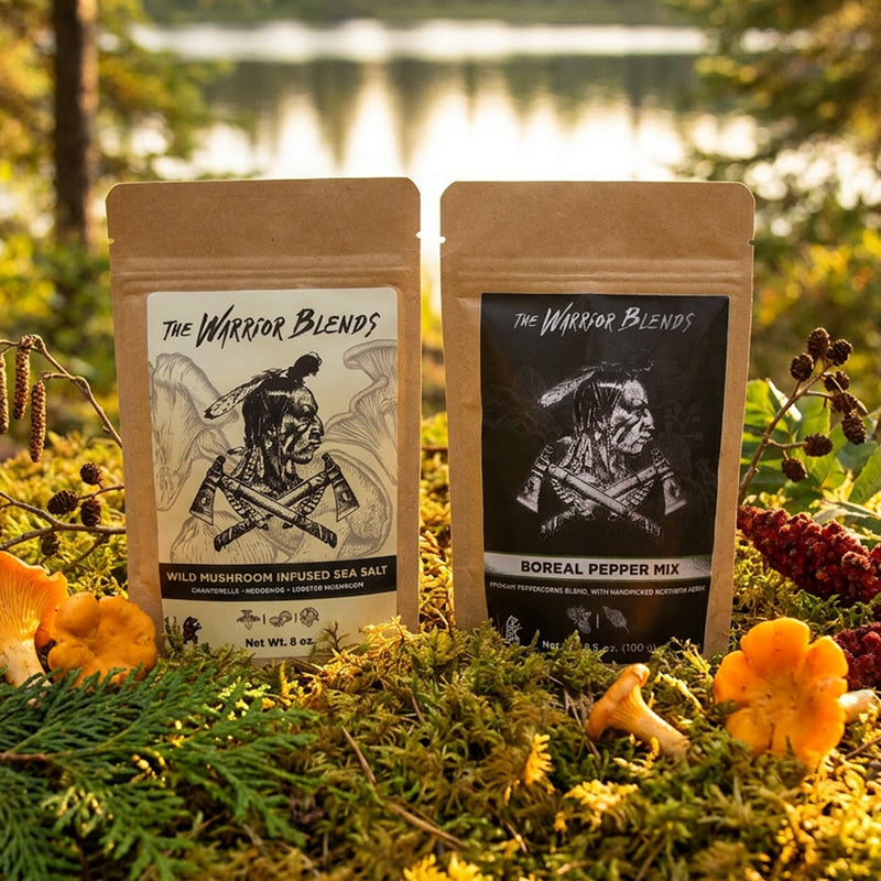 Wild Mushroom Infused Sea Salt and Boreal Pepper Mix in mossy boreal forest with chanterelles and sumac