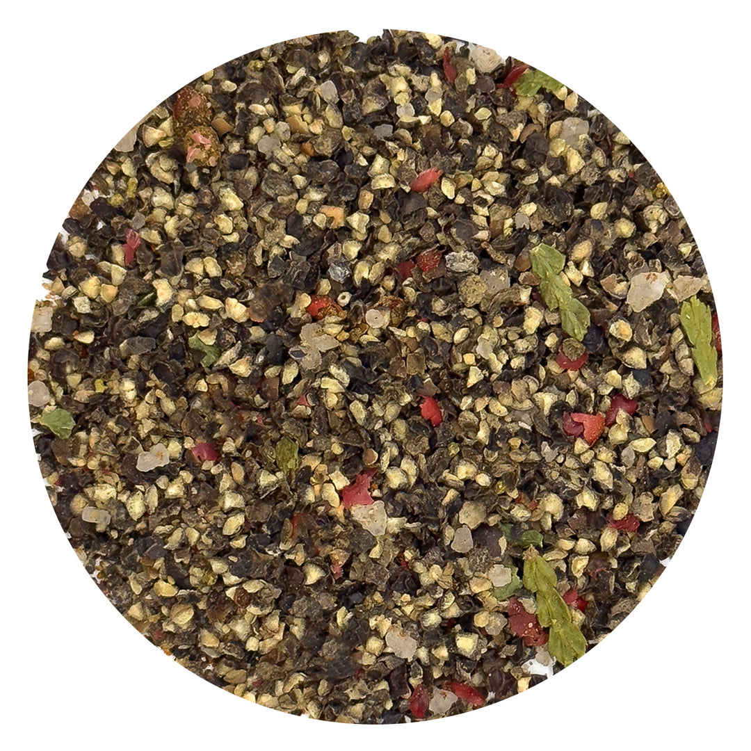 Close-up texture of Boreal Pepper Mix with cracked peppercorns, dune pepper, sumac, and boreal herbs