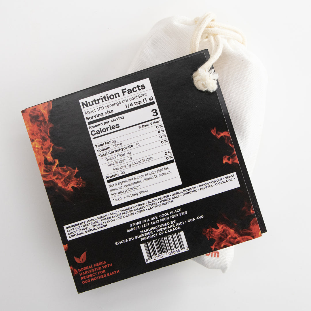 Back view of Tomahawk Blend seasoning pouch showing nutrition facts and packaging details