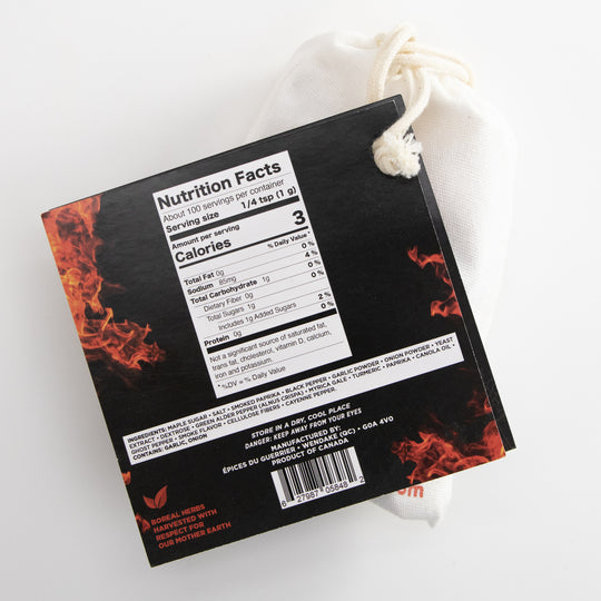 Back view of Tomahawk Blend seasoning pouch showing nutrition facts and packaging details