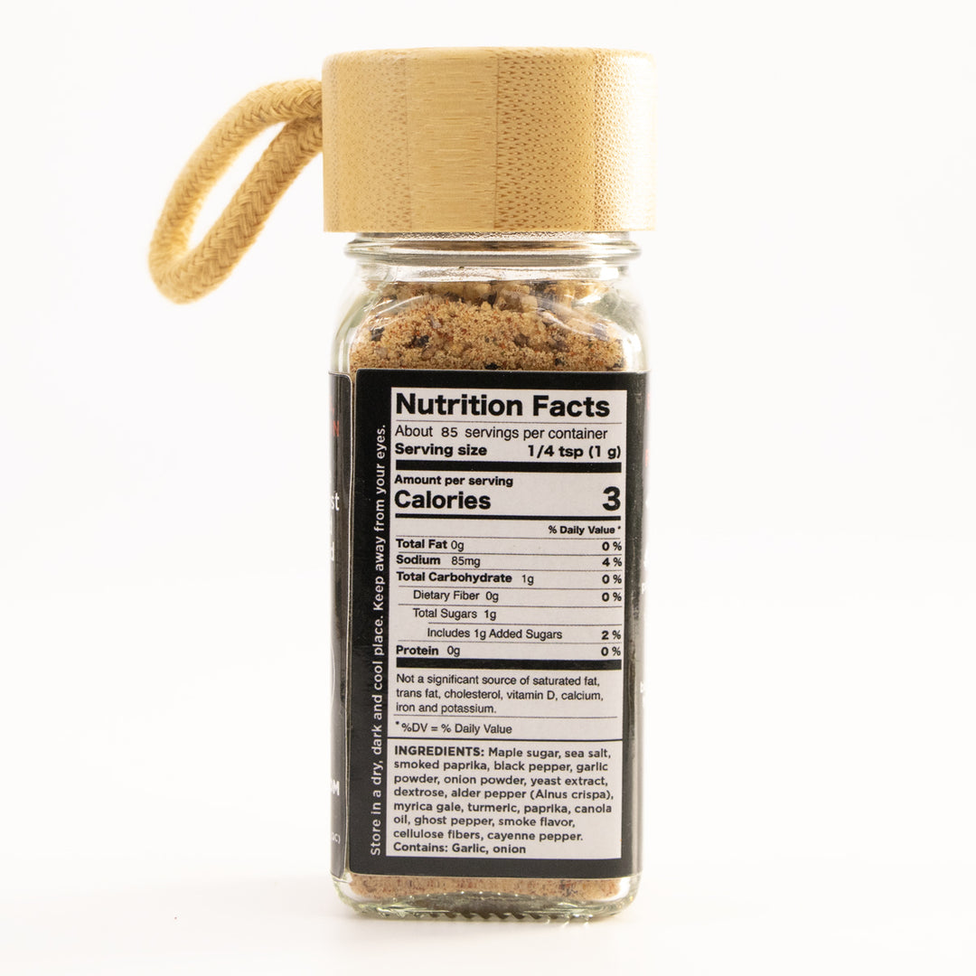 Back view of Tomahawk Blend seasoning jar showing nutrition facts label