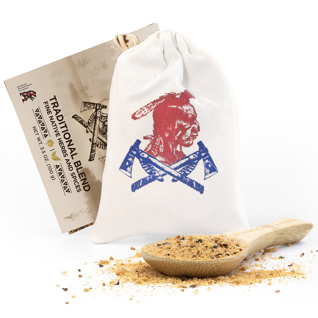 Traditional Blend seasoning pouch with wooden spoon on white background