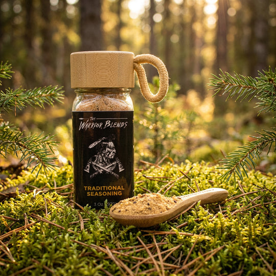 Traditional Blend seasoning jar staged in boreal forest moss at golden hour