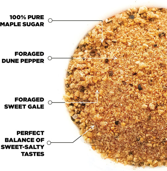 Close-up texture of Traditional Blend seasoning with ingredient callouts including dune pepper and sweet gale