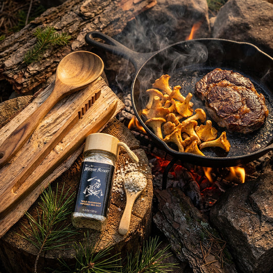 Wild Mushroom Infused Sea Salt jars beside campfire with wild mushrooms and cast iron pan in boreal forest