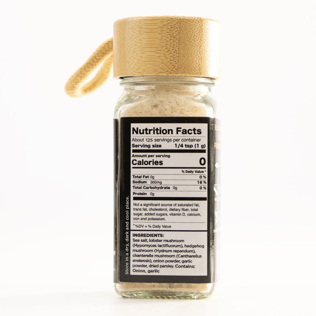 Back view of Wild Mushroom Infused Sea Salt jar showing nutrition facts label