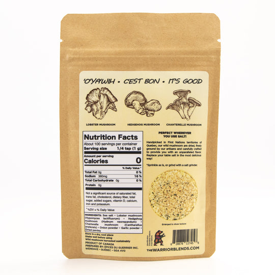 Back view of Wild Mushroom Infused Sea Salt pouch with nutrition facts and ingredient details